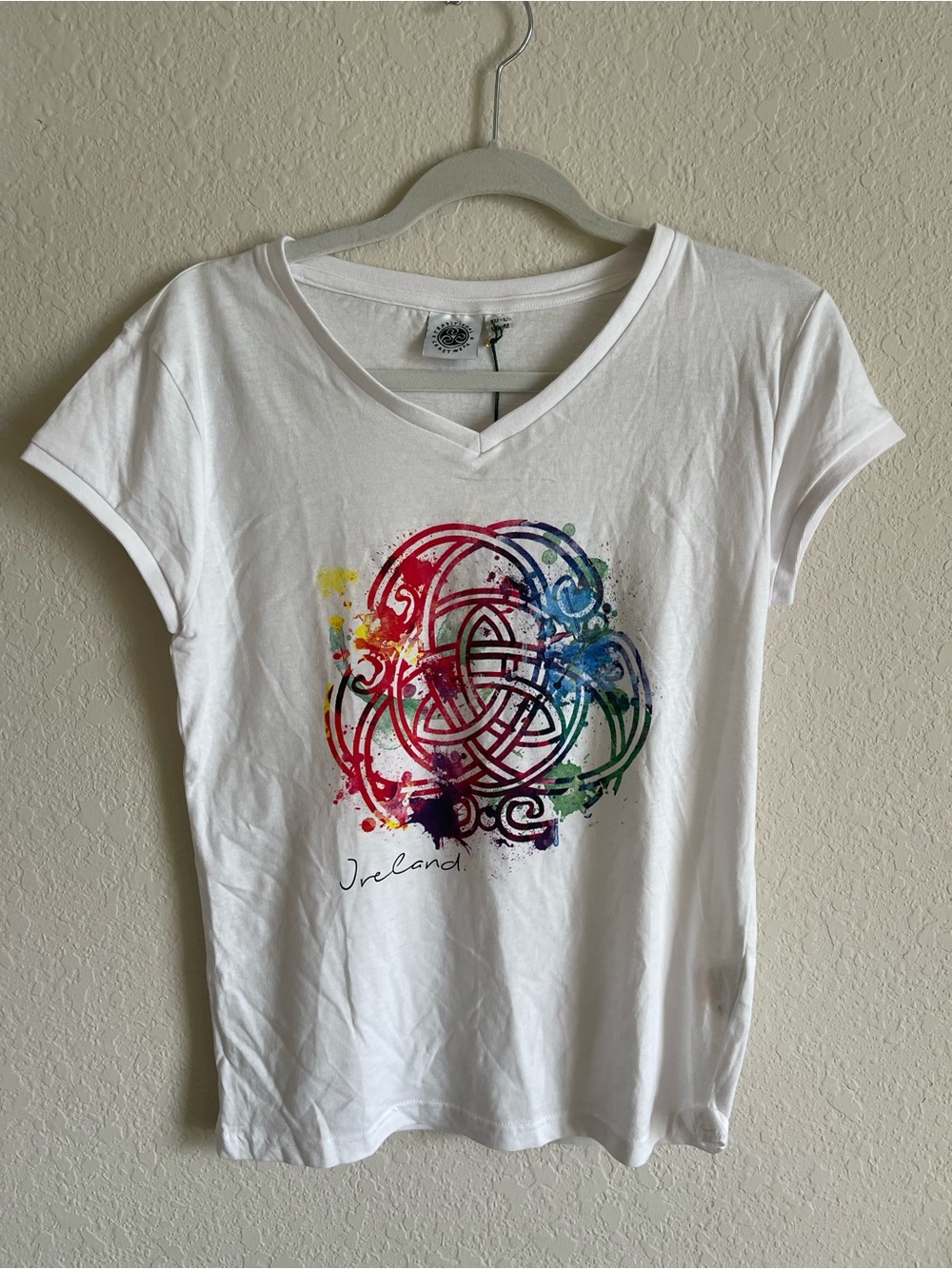 White V-Neck Tee with Rainbow Celtic Knot Print